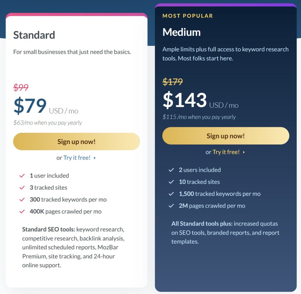 Moz SEO Review Leader in the Marketing Space Pricing table