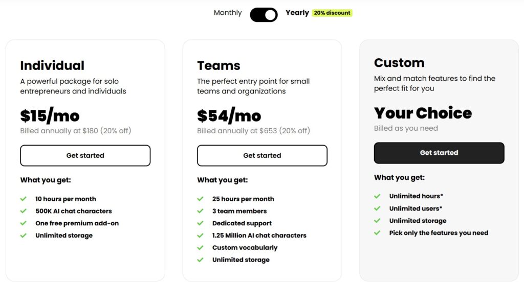 Speak Review Content Creation AI Tool Pricing Table